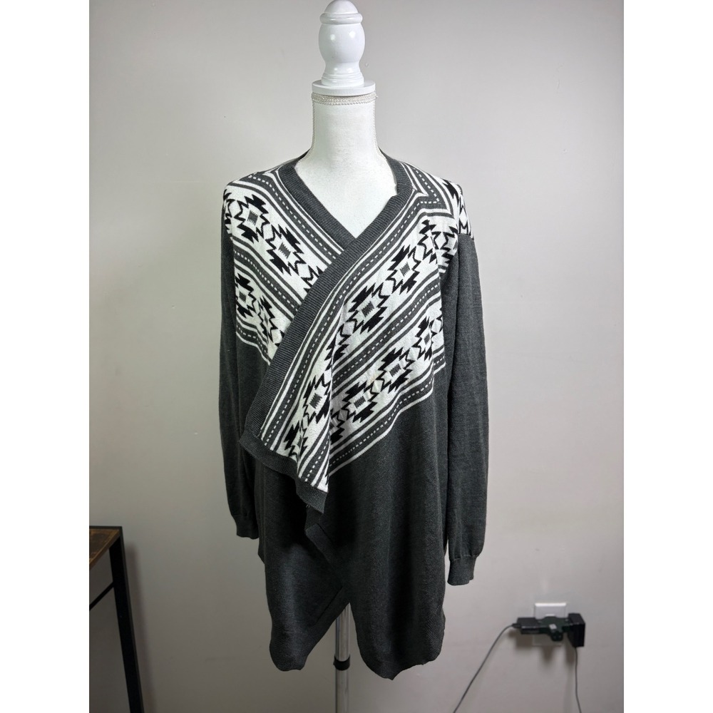 Morgan City Women Large Gray Aztec Print Draped Open Front Cardigan Sweater